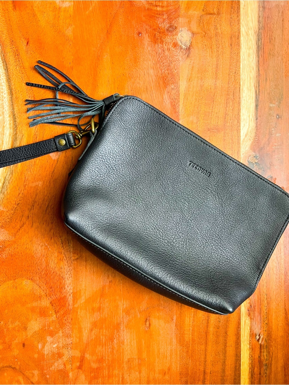 TECOVAS Black Leather Wristlet Pouch /Makeup Cosmetic Bag